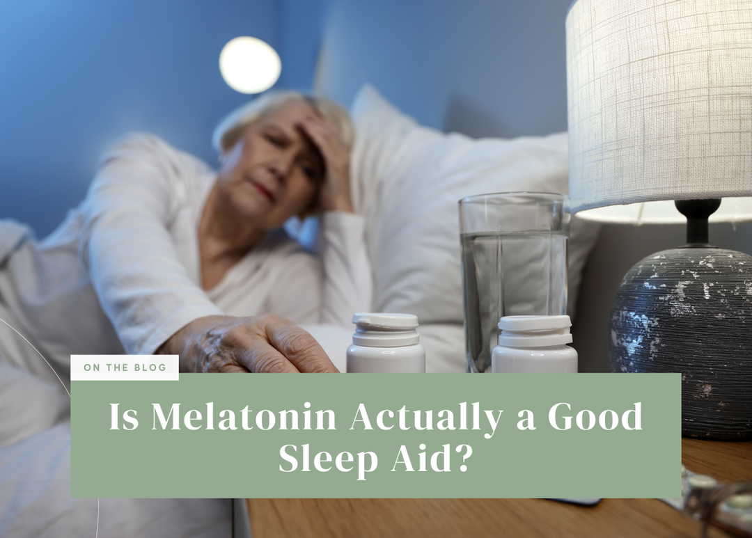 Senior woman reaching for medicine bottles on her nightstand late at night.