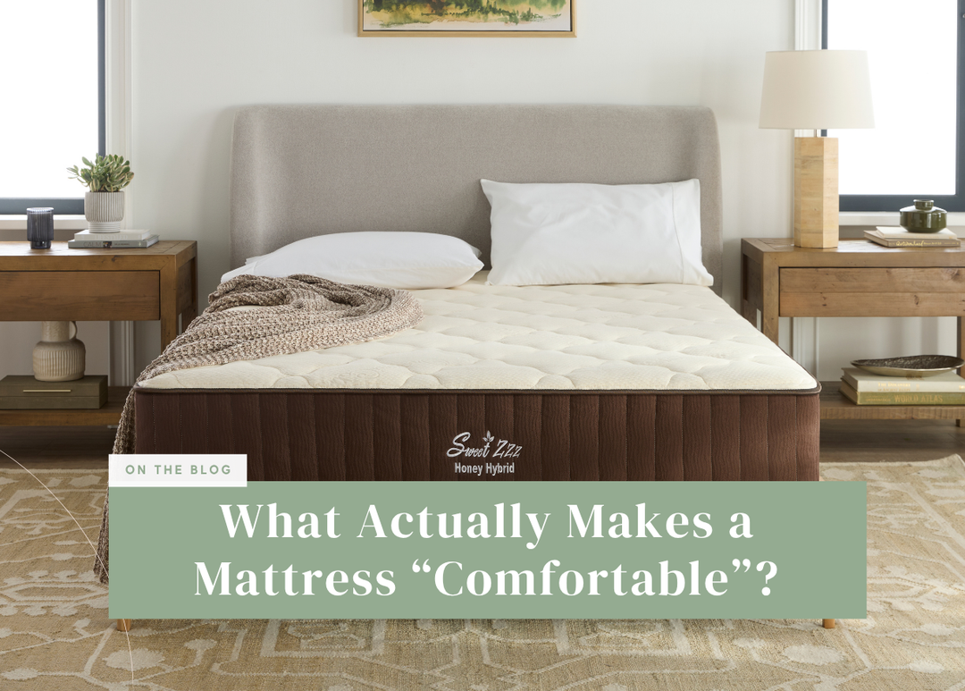 Sweet Zzz mattress on a bed frame in a bedroom