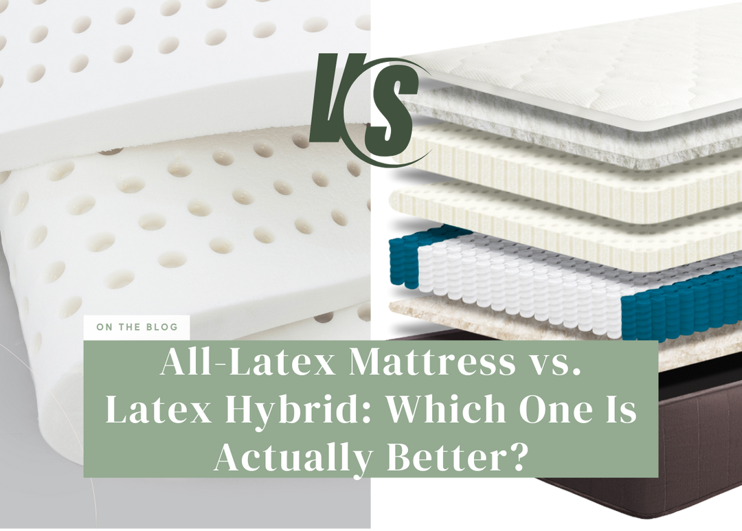 Split graphic comparing perforated latex foam on the left to an exploded diagram of a hybrid mattress on the right.