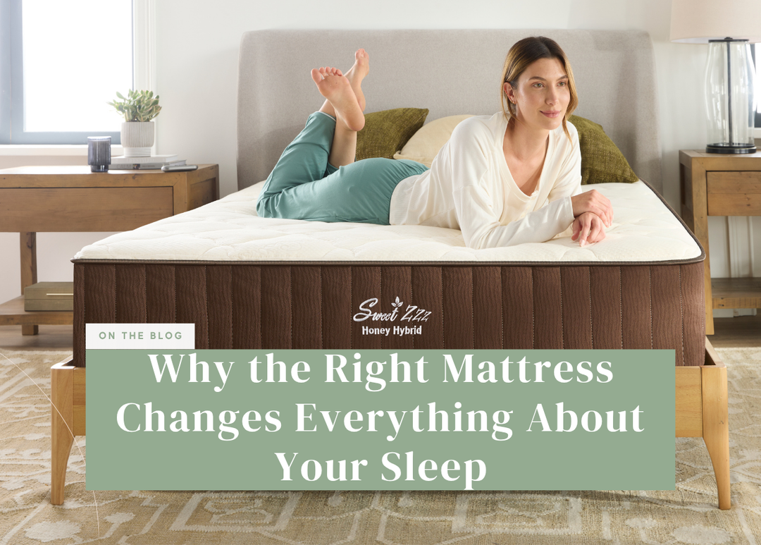 Woman lying on her stomach on the Honey Hybrid mattress with her feet raised and resting her chin on her hands.