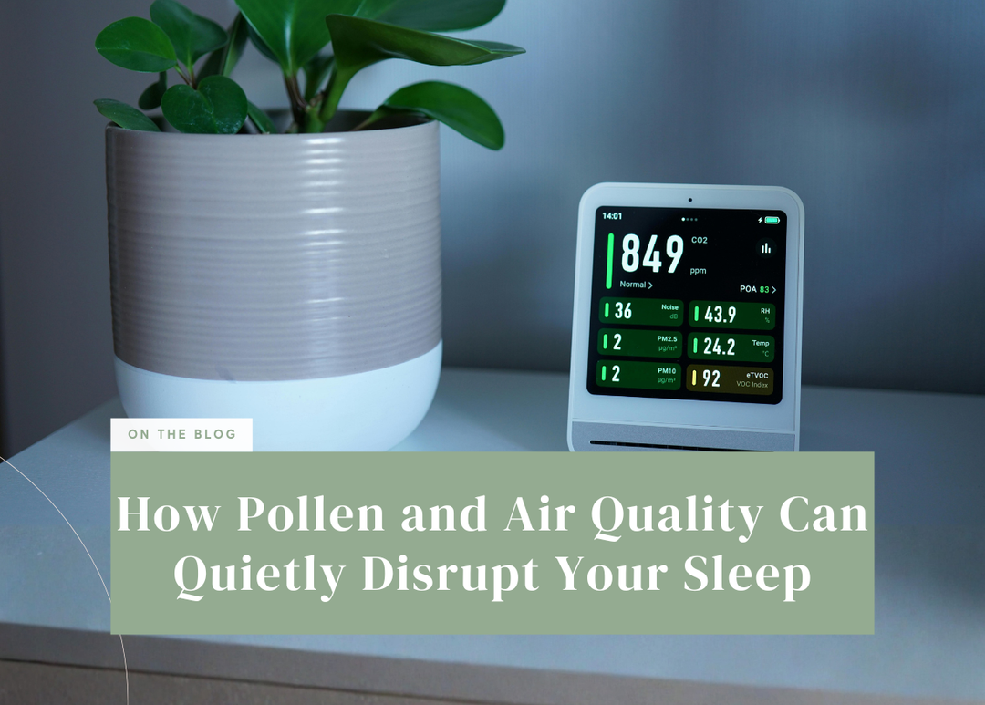 Air quality monitor on a nightstand next to a plant
