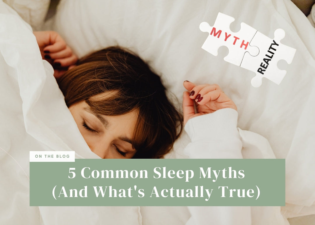 Woman sleeping under white blanket with "5 Common Sleep Myths" text.