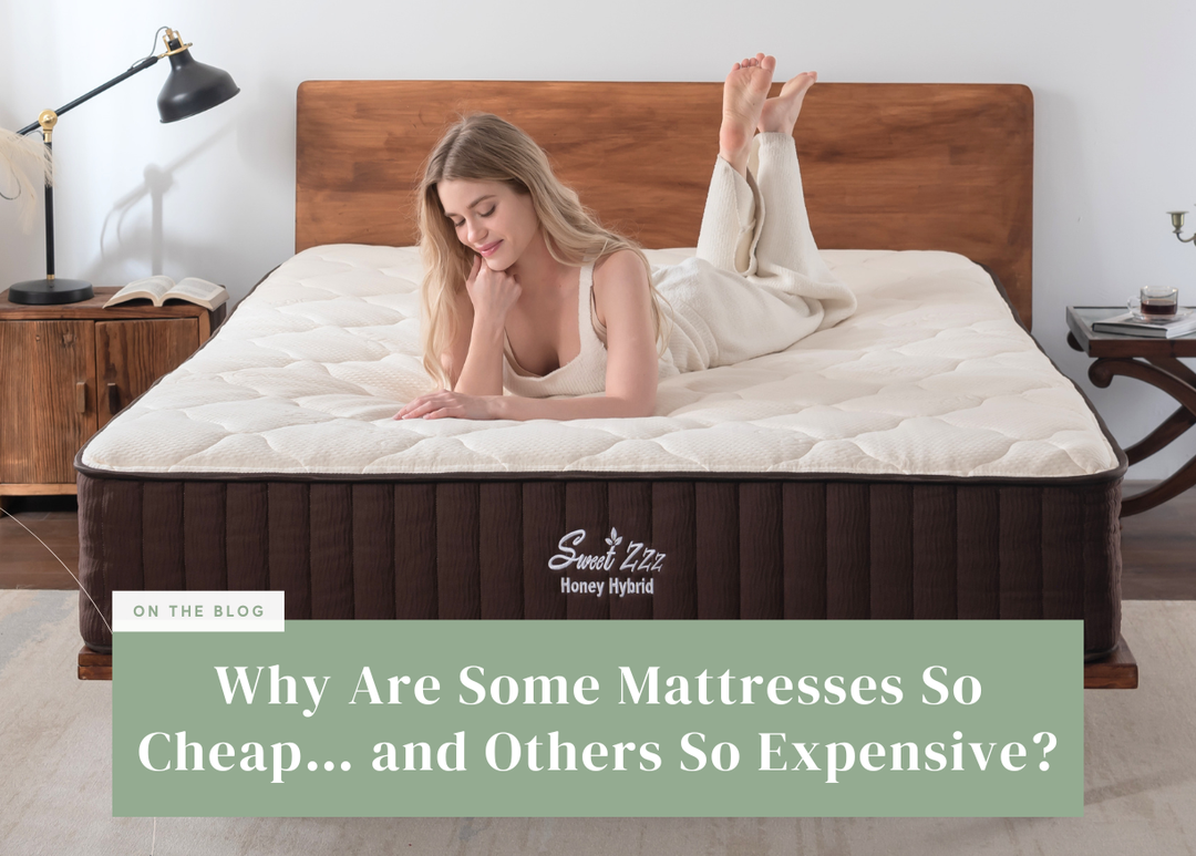 Woman lying on her stomach on a Sweet Zzz Honey Hybrid mattress in a bedroom.