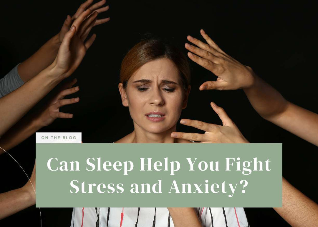 Stressed woman looking overwhelmed surrounded by reaching hands.