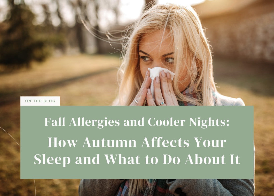 Woman blowing her nose outdoors experiencing fall allergies that affect sleep.