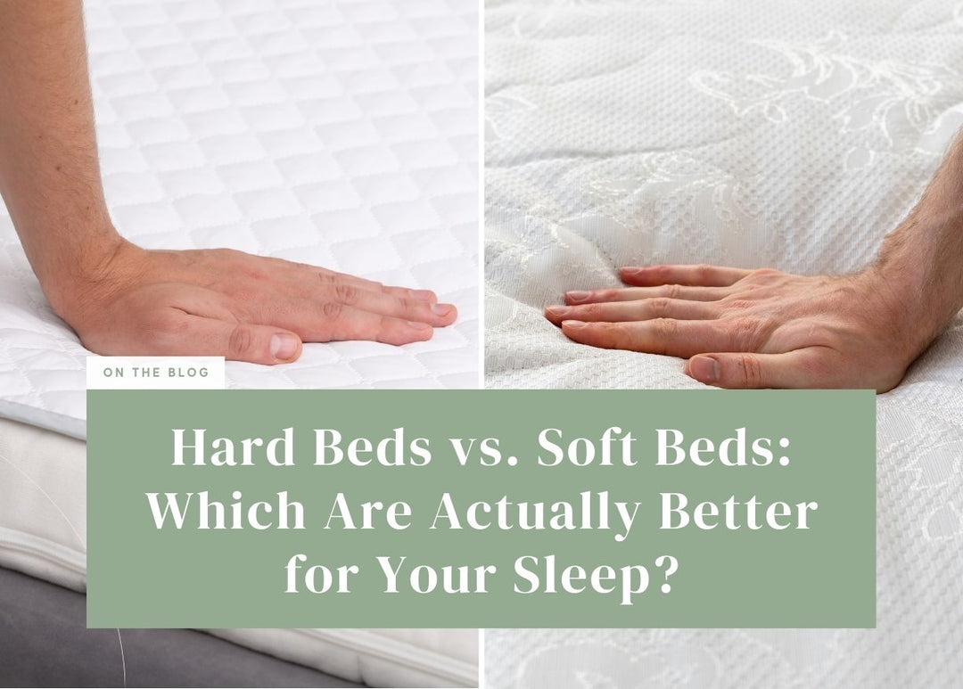 Split comparison of a hand pressing down on a firm mattress top versus a soft mattress top.