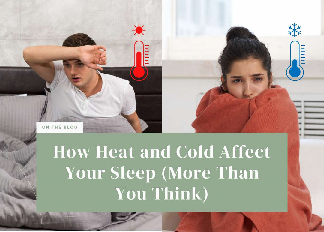 Split image showing a sweating man on the left and a shivering woman wrapped in a blanket on the right.