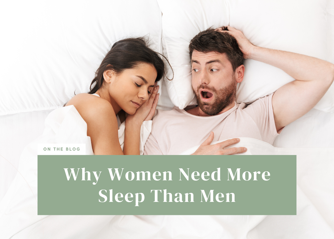 Overhead view of a woman sleeping peacefully while a man lying beside her looks surprised with his mouth open.